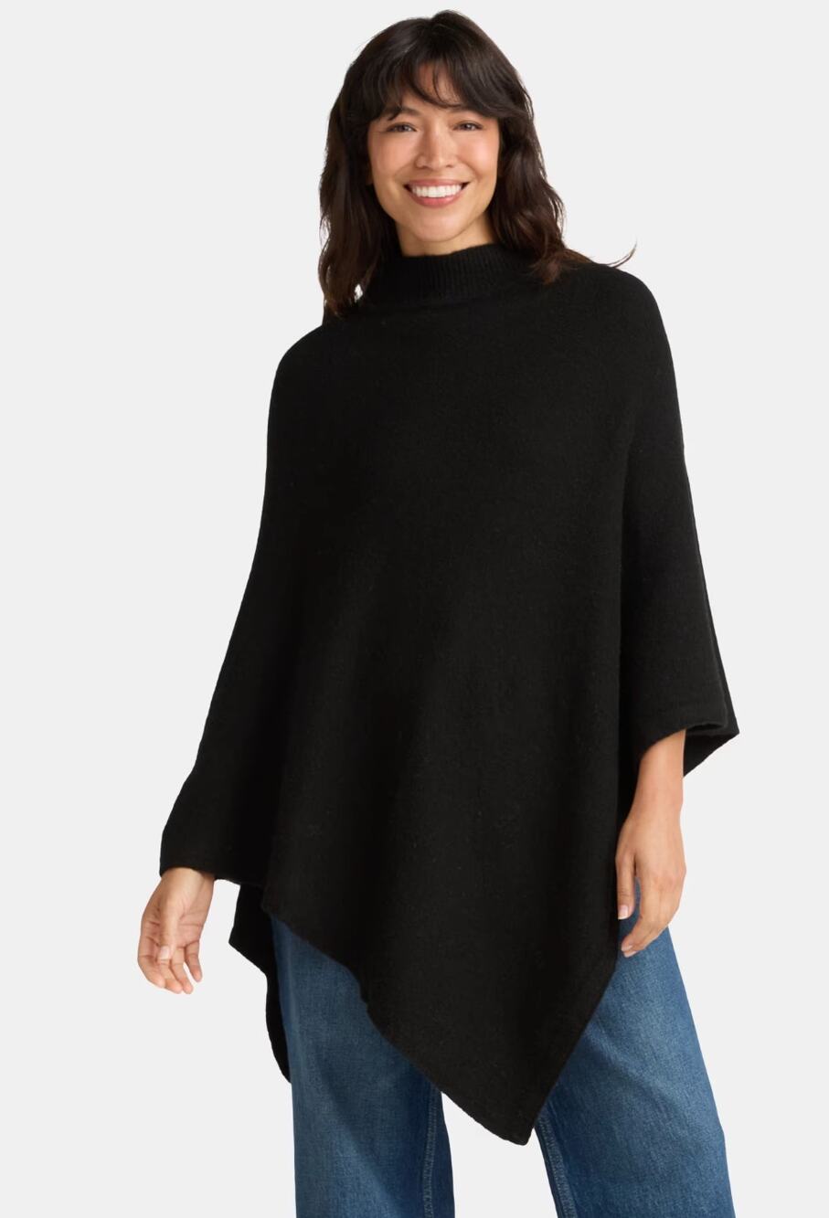 Time and Tru Black Mock Neck Sweater Poncho S/M Handkerchief Hem Wool Blend
